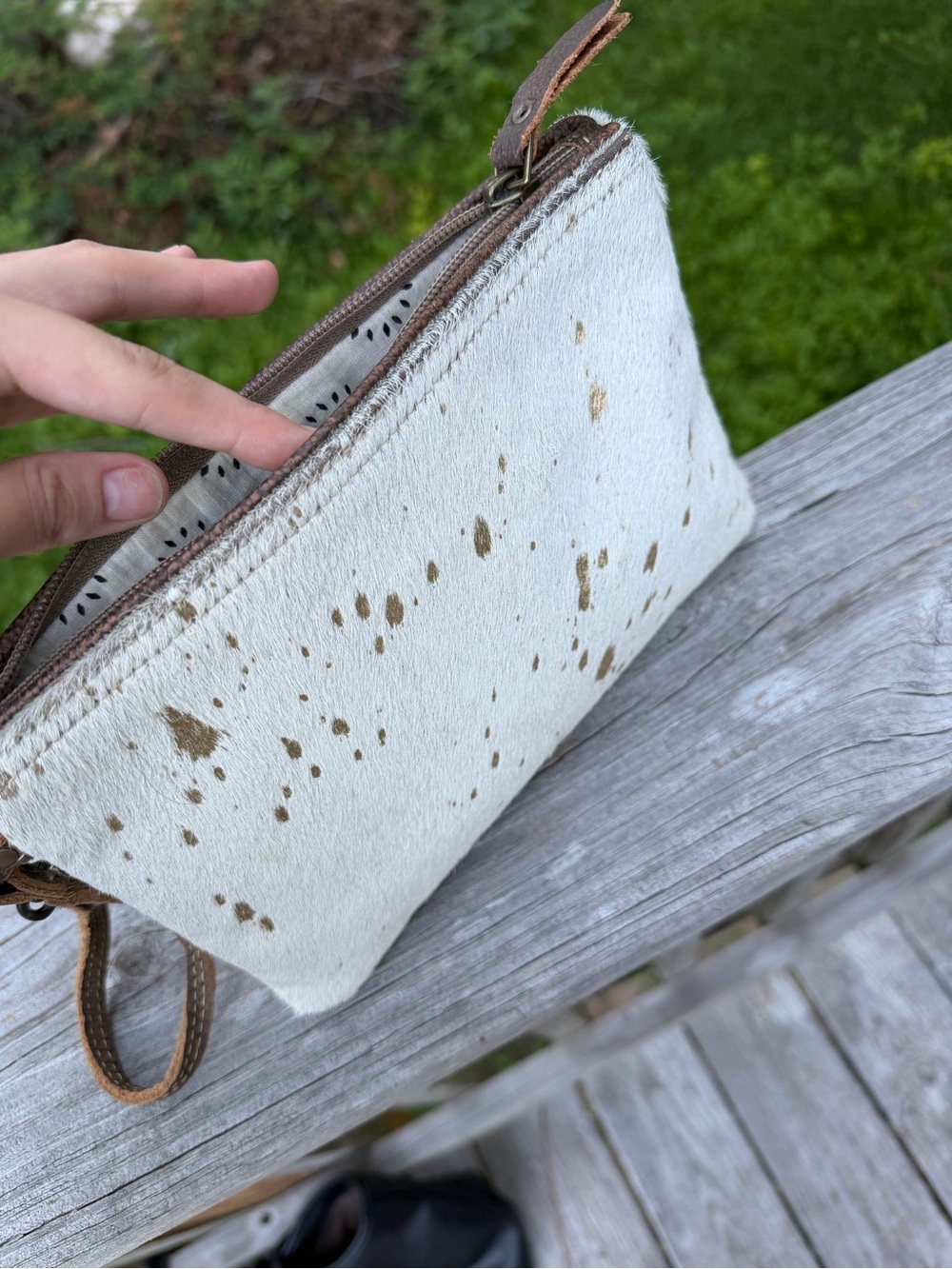 White and Brown Speckled Wristlet Clutch - Branded